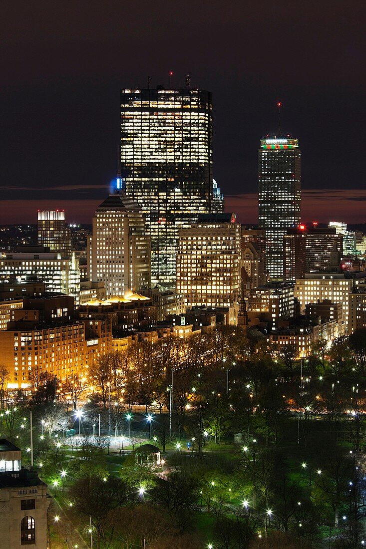 USA, Massachusetts, Boston, Back Bay, including John Hancock and Prudential Buildings, evening