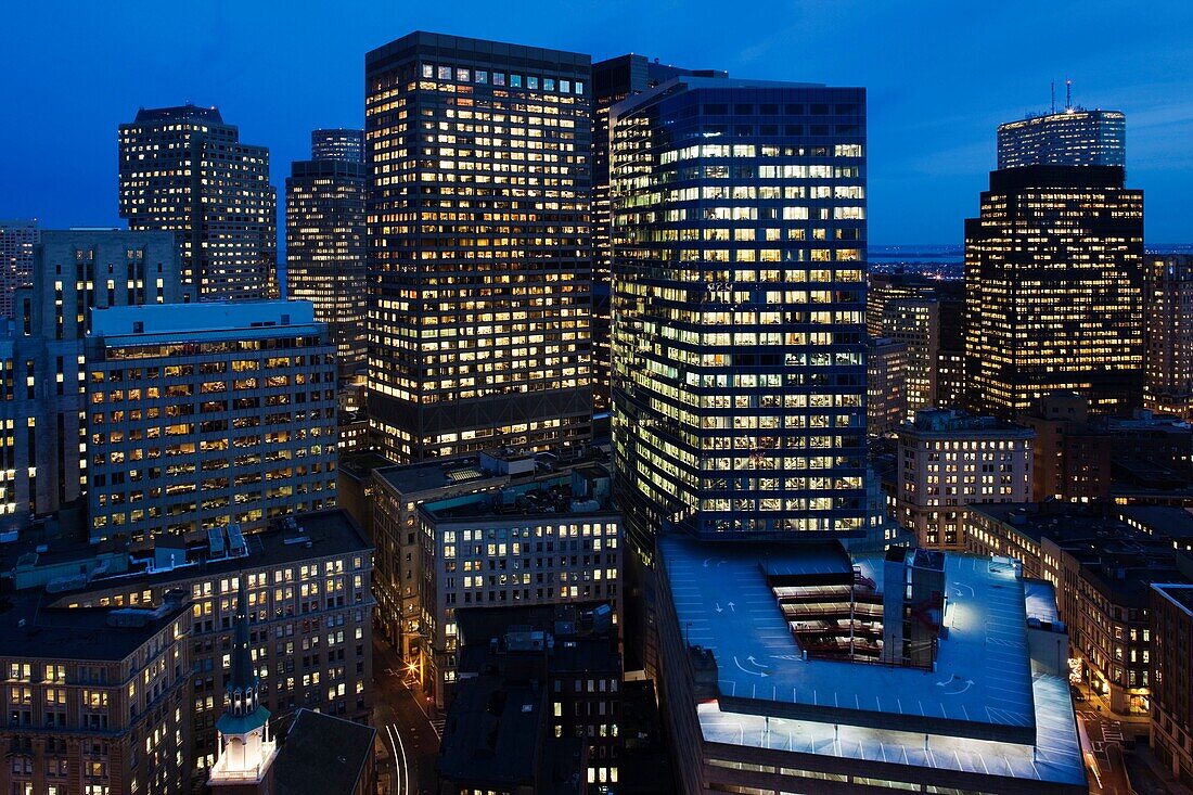 USA, Massachusetts, Boston, high angle view of the Financial District from the west, dusk