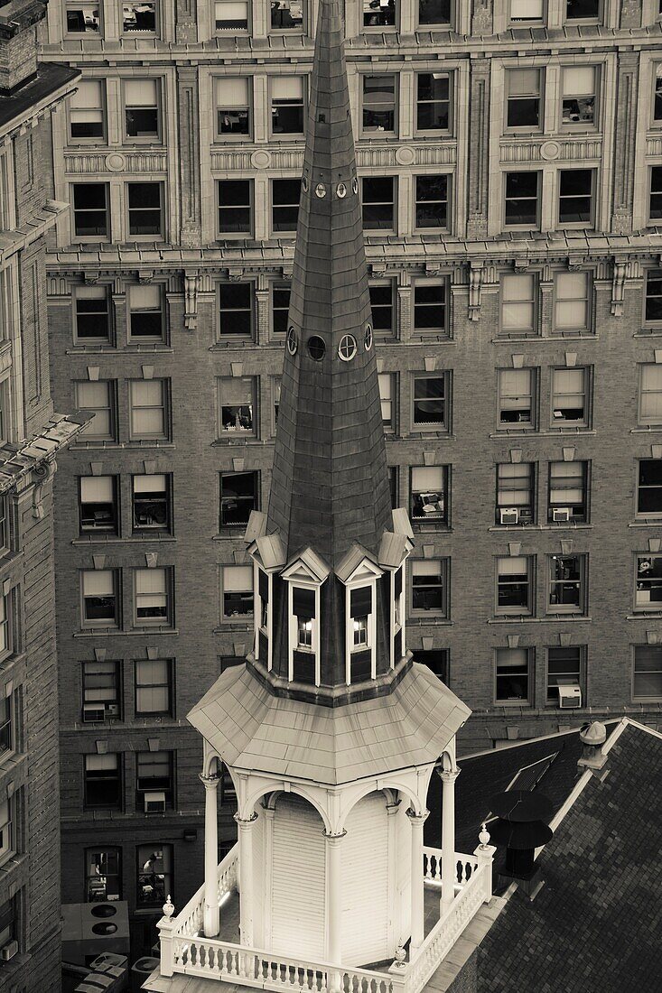 USA, Massachusetts, Boston, Downtown Crossing, high angle view of Old South Meeting House, dusk