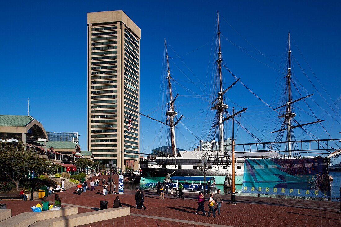 USA, Maryland, Baltimore, Inner Harbor, Harborplace Mall and USS Constellation, historic ship