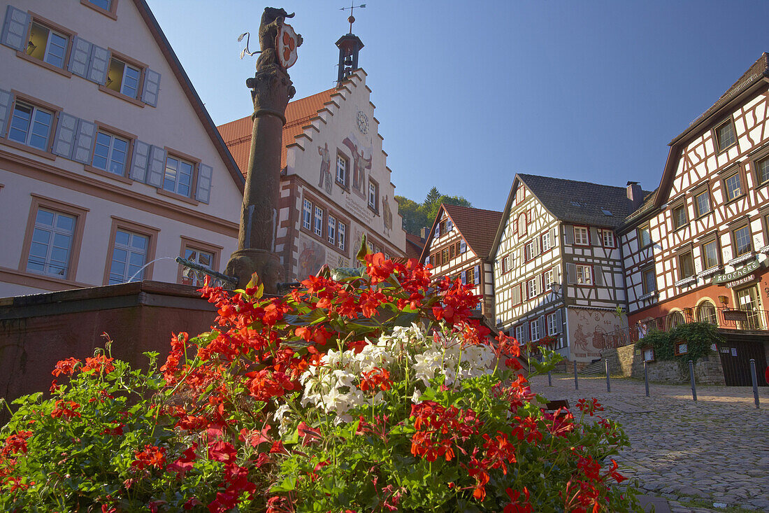 Half-timbered houses and town hall at the market place in the town of Schiltach, Summer, Valley Kinzigtal, Southern Part of Black Forest, Black Forest, Baden-Württemberg, Germany, Europe