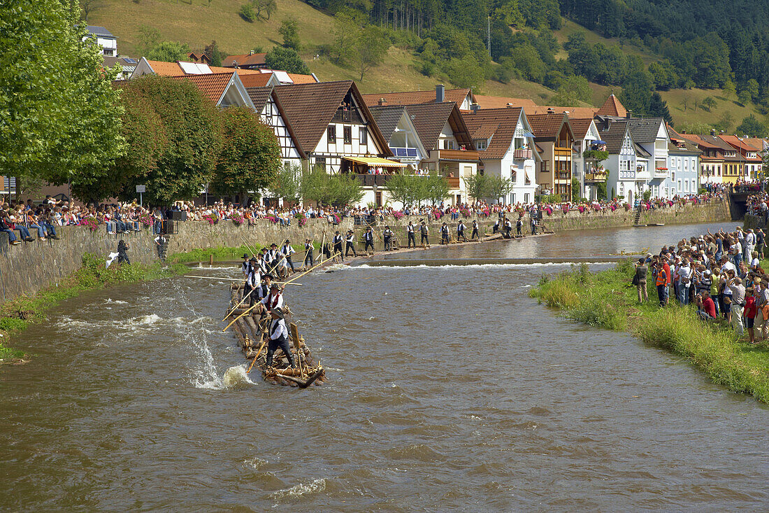 Historic River Rafting on the river Kinzig, Wolfach, Valley Kinzigtal, Southern Part of Black Forest, Black Forest, Baden-Württemberg, Germany, Europe