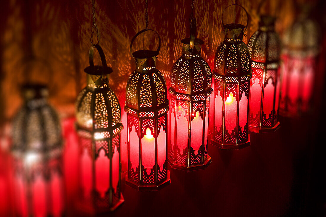 Moroccan lamps at Café Arabe restaurant, Marrakech, Morocco