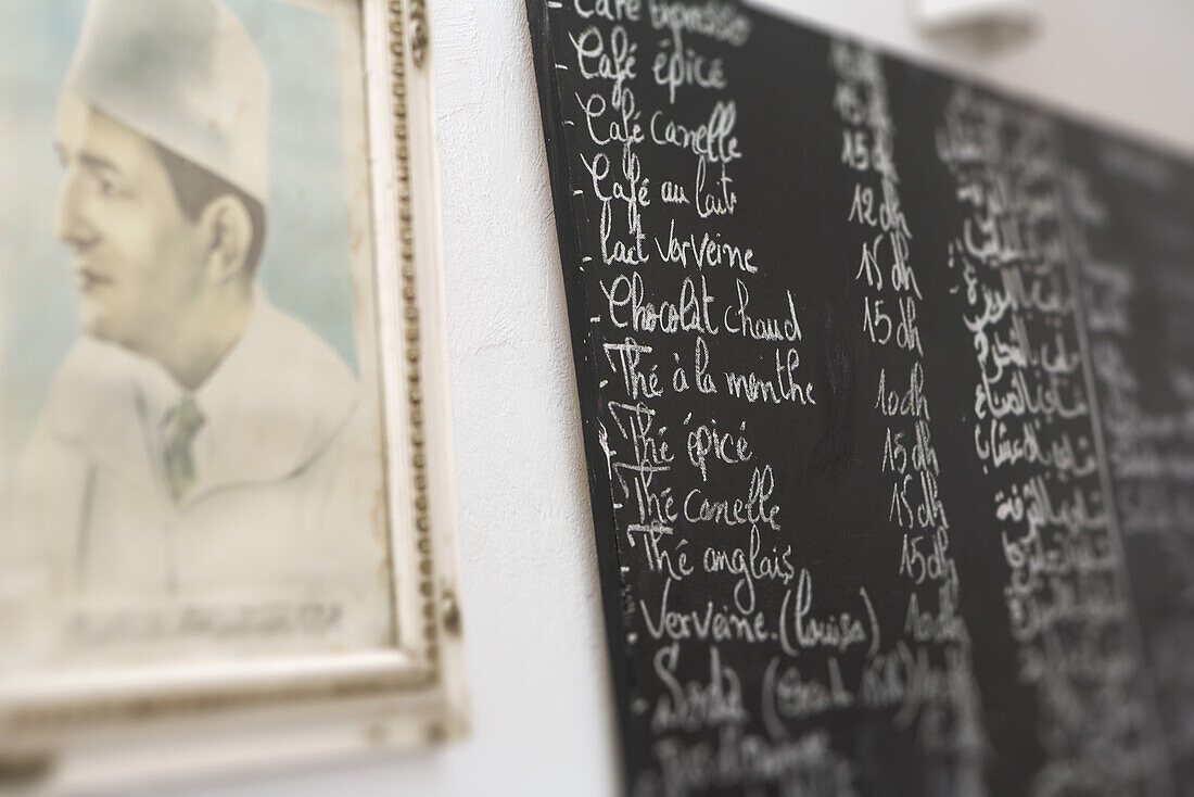 Menu in the Salon de Teé, Spice Market, Marrakech, Morocco, Africa