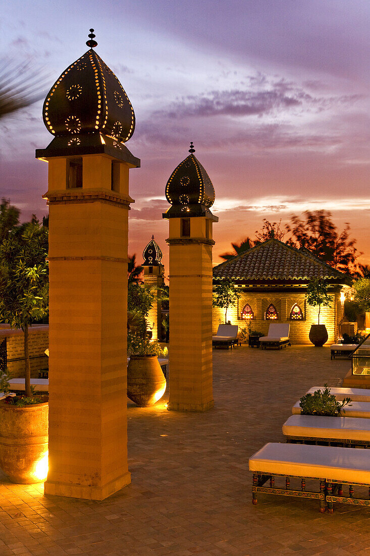 Rooftop terrace of Riad La Sultana in the evening light, Luxury Hotel, Marrakech, Morocco, Africa