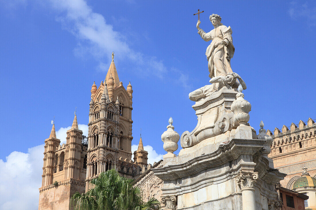 Statue in front of cathedral Maria Santissima Assunta, Palermo, Province Palermo, Sicily, Italy, Europe
