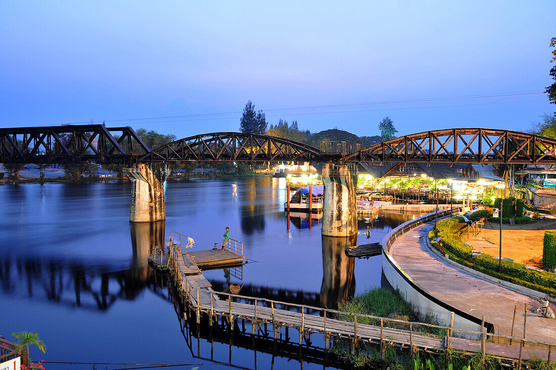 Railwaybridge over Kwai river in the evening, Kanchanaburi, Thailand, Asia