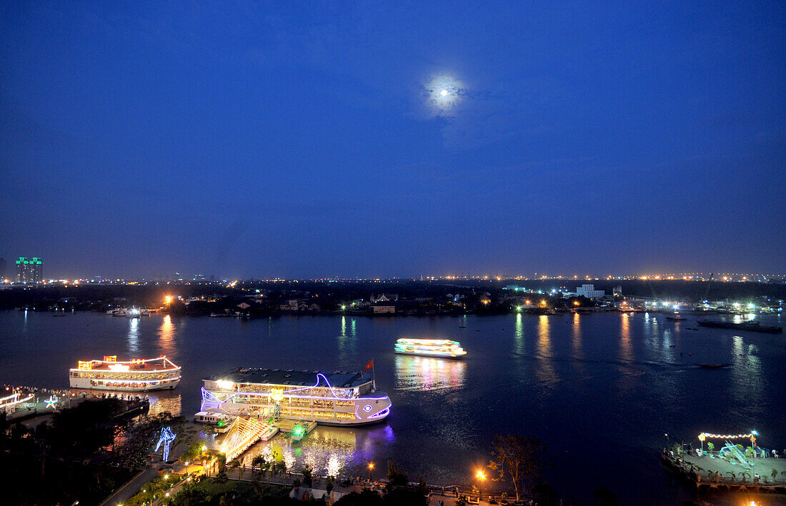 View over the Saigon river at night from the Majestic Hotel, Saigon, Ho Chi Minh City, Vietnam