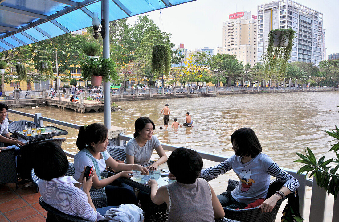 Cafe on the banks of the Saigon river, Saigon, Ho Chi Minh City, Vietnam