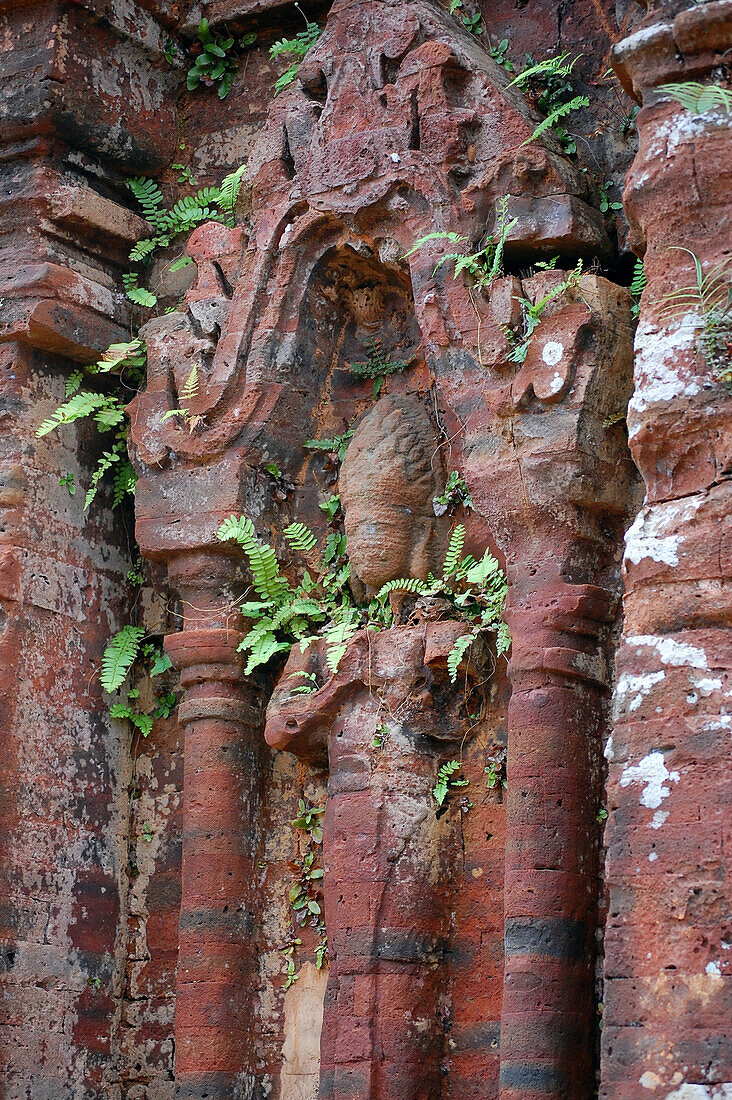Detail of group B and C of the Cham temple complex, abandoned and partially ruined Hindu temples constructed between the 4th and the 14th century A.D. by the kings of Champa, My Son near Da Nang, Vietnam