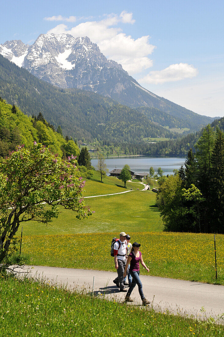 Hikers at lake Hintersteiner near Scheffau at Wilder Kaiser, Tyrol, Austria