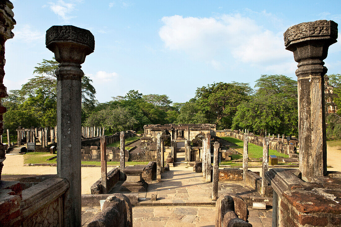 View from the Vatadage upon the Hatadage on the terrace of the tooth relic, Polonnaruwa, Sri Lanka, Asia
