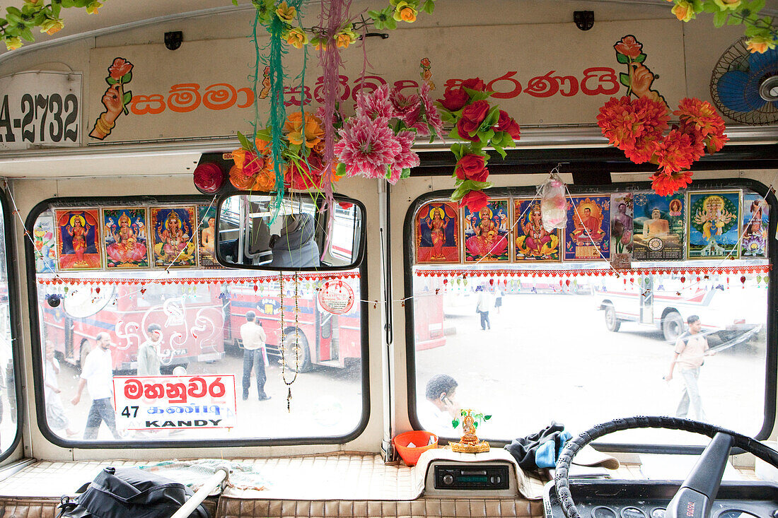 Public bus with religious decoration, Kandy, Sri Lanka, Asia