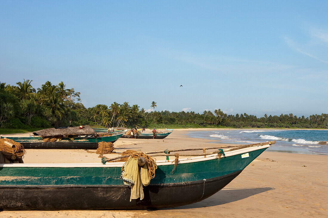 Fischer mit ihren Booten am Strand von Talalla, Talalla, Matara, Südküste, Sri Lanka, Asien