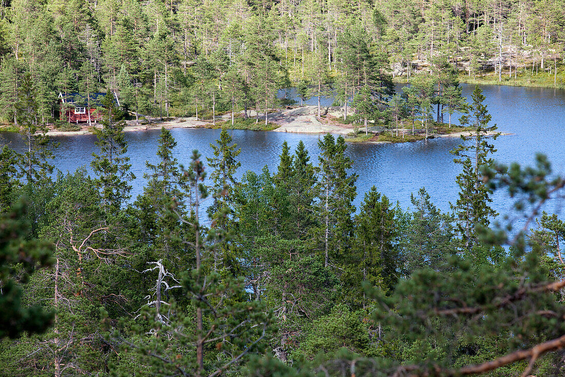 A small cottage at the lake Tärnättvatten, national park Skuleskogen, Höga Kusten, Vaesternorrland, Sweden, Europe