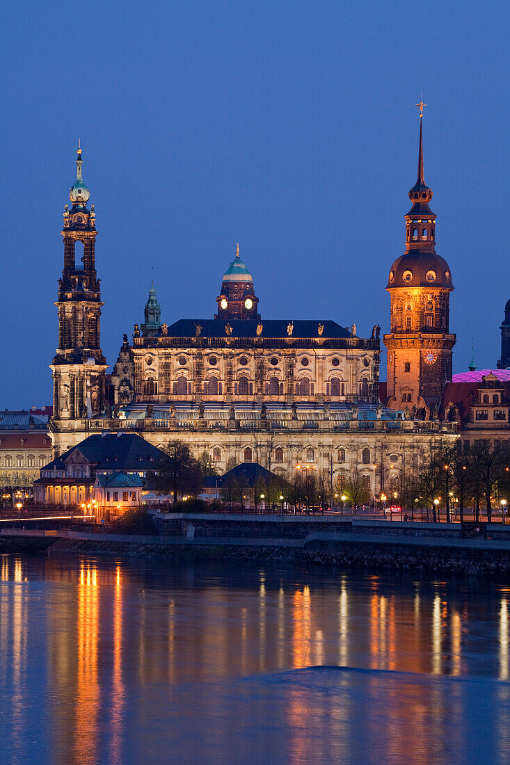 Evening view of the city with Elbe River, Ständehaus, Hofkirche and Hausmannsturm, tower of the Dresden Castle, Dresden, Saxony, Germany