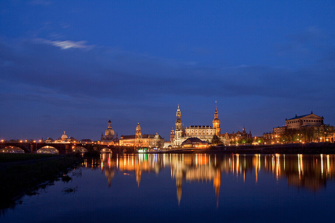 City view with Elbe River, Augustus Bridge, Frauenkirche, Church of our Lady, Ständehaus, town hall tower, Hofkirche and Hausmannsturm, tower of Dresden Castle, Semperoper, Semper opera house, Dresden, Saxony, Germany