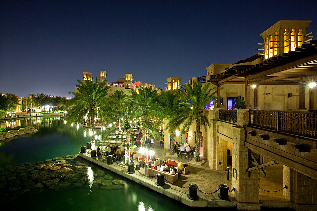 Medinat Jumeirah Restaurant at canal at night