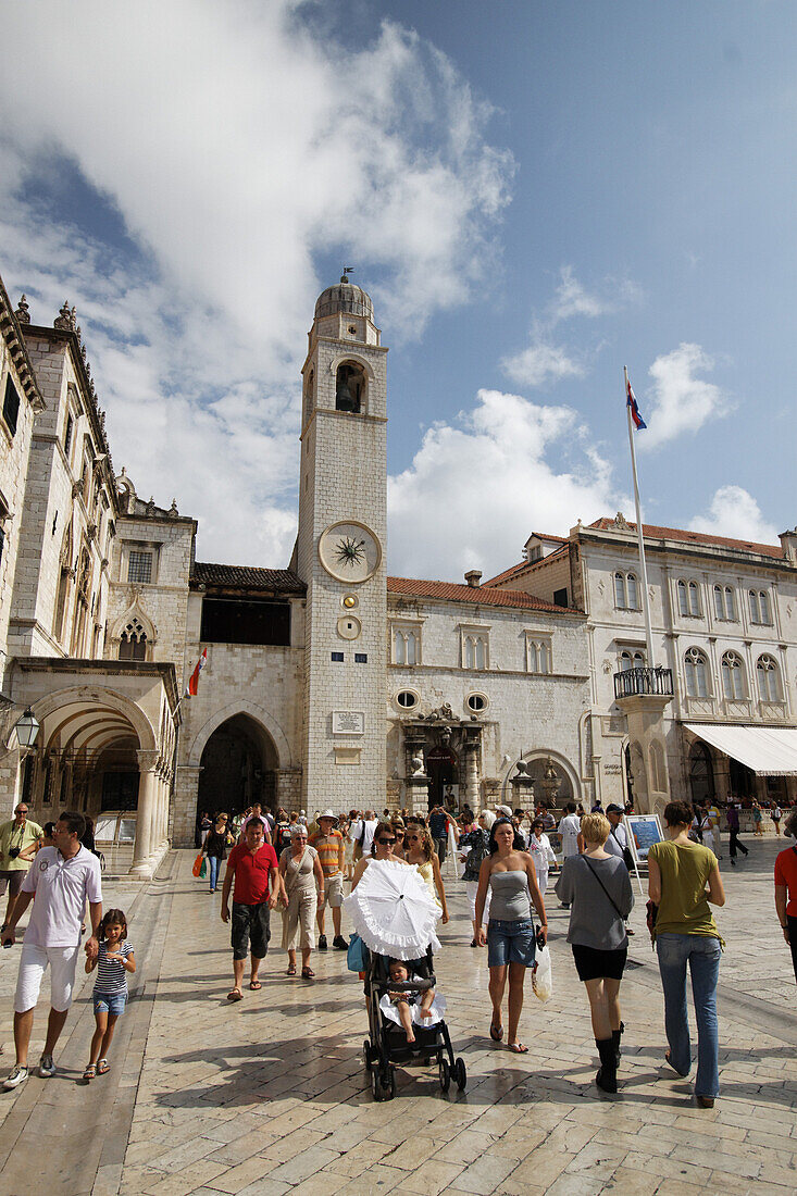 Placa Stadrun, bell tower, Main street at Luza Placa, people, Dubrovnik, Croatia