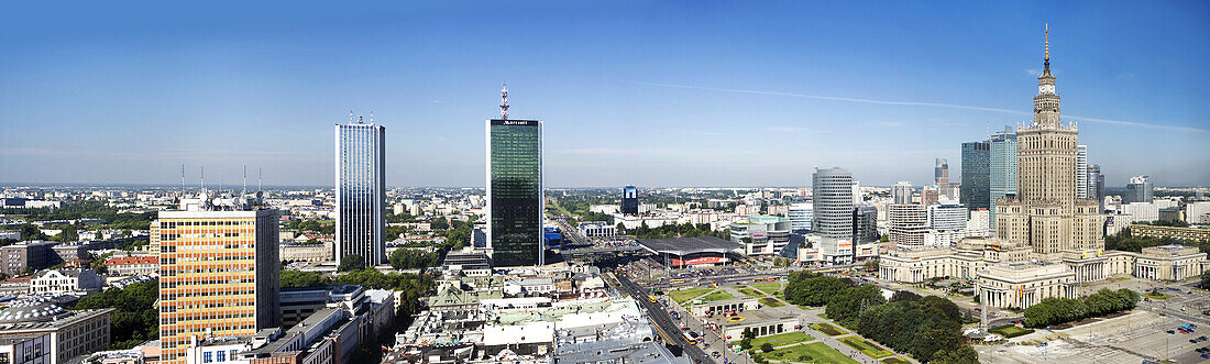 Panorama vom Kulturpalast mit modernen Hochhäusern, Warschau, Polen, Europa