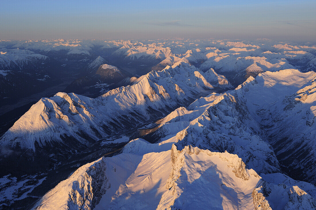 Mieming range and Wetterstein range with Inntal, Gaistal and Reintal, Stubai range and Lechtal range in background, aerial photo, Tyrol, Austria, Europe