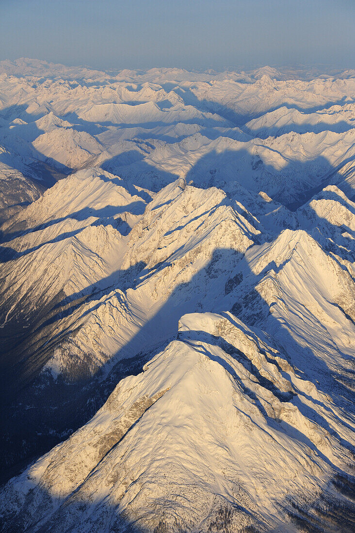 Hohe Munde and Mieming range in the sunlight, aerial photo, Mieming range, Tyrol, Austria, Europe