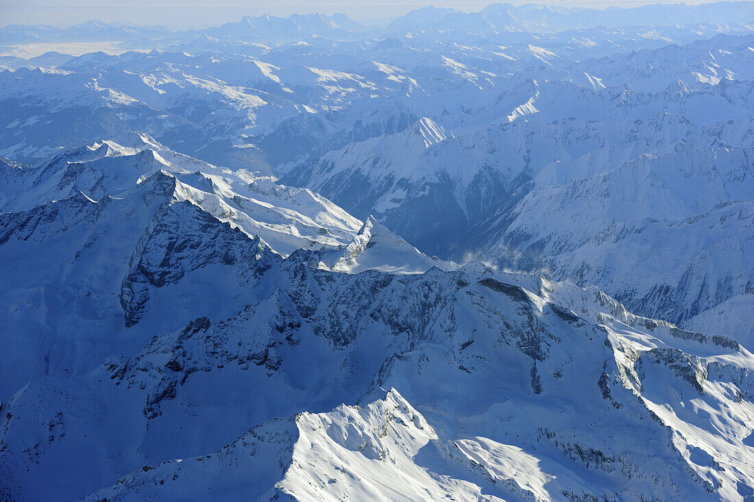 Zillertal range in winter, aerial photo, Zillertal range, Tyrol, Austria, Europe