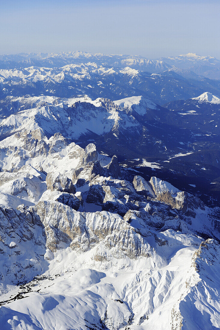 View at Rosengarten range and Latemar range in winter, aerial photo, Rosengarten range, Dolomites, South Tyrol, Italy, Europe