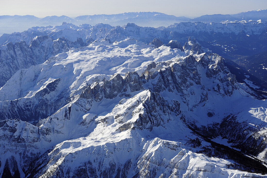 Pala range in winter, aerial photo, Pala range, Dolomites, Venetia, Italy, Europe