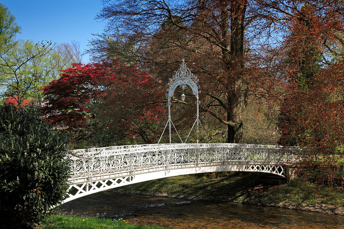 Wrought-iron bridge crossing the Oos rivulet, Lichtental alley, Baden-Baden, Black Forest, Baden-Württemberg, Germany