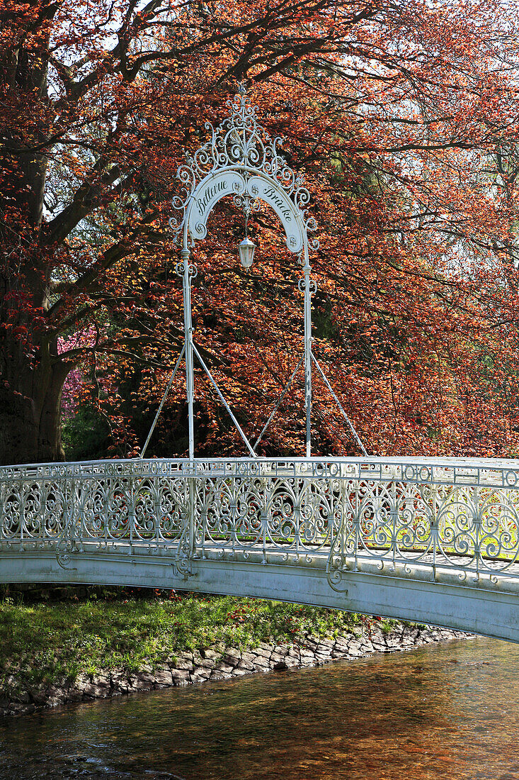 Wrought-iron bridge crossing the Oos rivulet, Lichtental alley, Baden-Baden, Black Forest, Baden-Württemberg, Germany