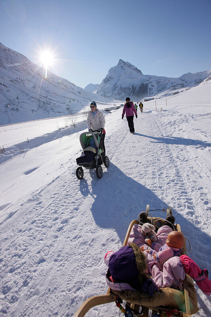 Walkers in Paznaun valley, near Galtuer, Tyrol, Austria