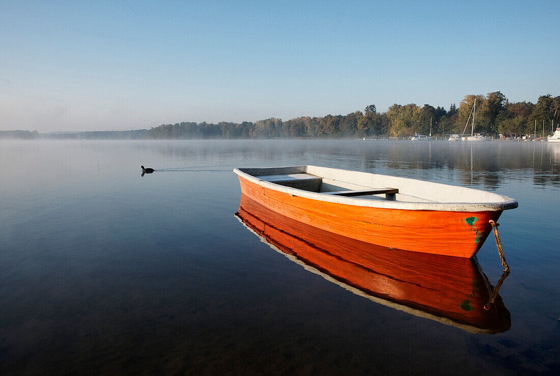 Boat on lake Scharmuetzelsee, Bad Saarow, Land Brandenburg, Germany