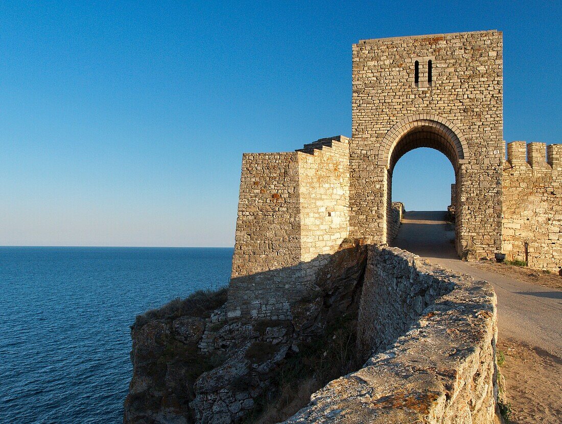 Medieval fortress on Cape Kaliakra, Black Sea, BulgariaKaliakra  is a long and narrow headland in the Southern Dobruja region of the northern Bulgarian Black Sea Coast, located 12 km east of Kavarna and 60 km northeast of Varna. The coast is steep with ve