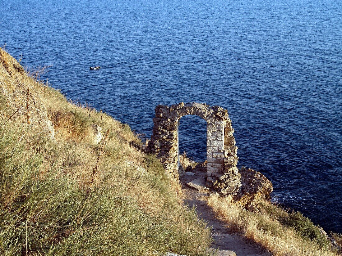 Medieval fortress on Cape Kaliakra, Black Sea, BulgariaKaliakra  is a long and narrow headland in the Southern Dobruja region of the northern Bulgarian Black Sea Coast, located 12 km east of Kavarna and 60 km northeast of Varna. The coast is steep with ve