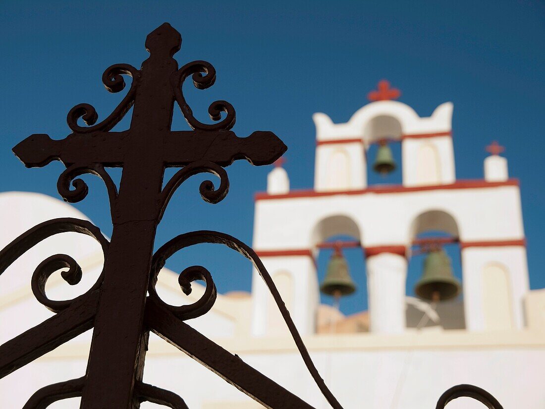 Close up of Greek Orthodox church in Oia, Santorini, Greece