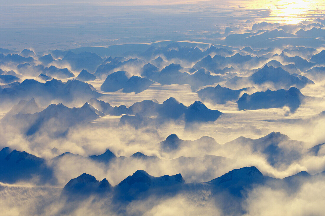 Evening light over a mountain range on Greenland, from above  October 2005)