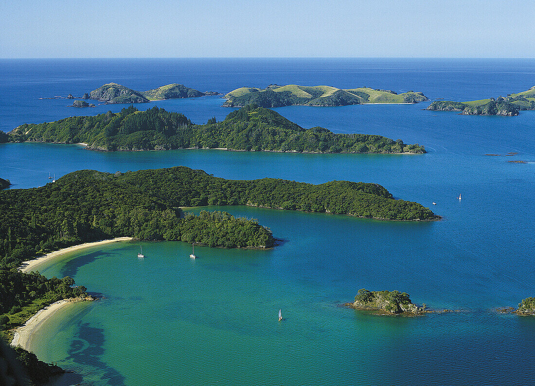 Yachts moored at Moturua Island Bay of Islands New Zealand