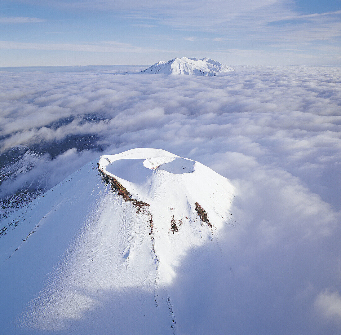 Aerial view of Mt Ngauruhoe and Ruapehu Tongariro National Park New Zealand