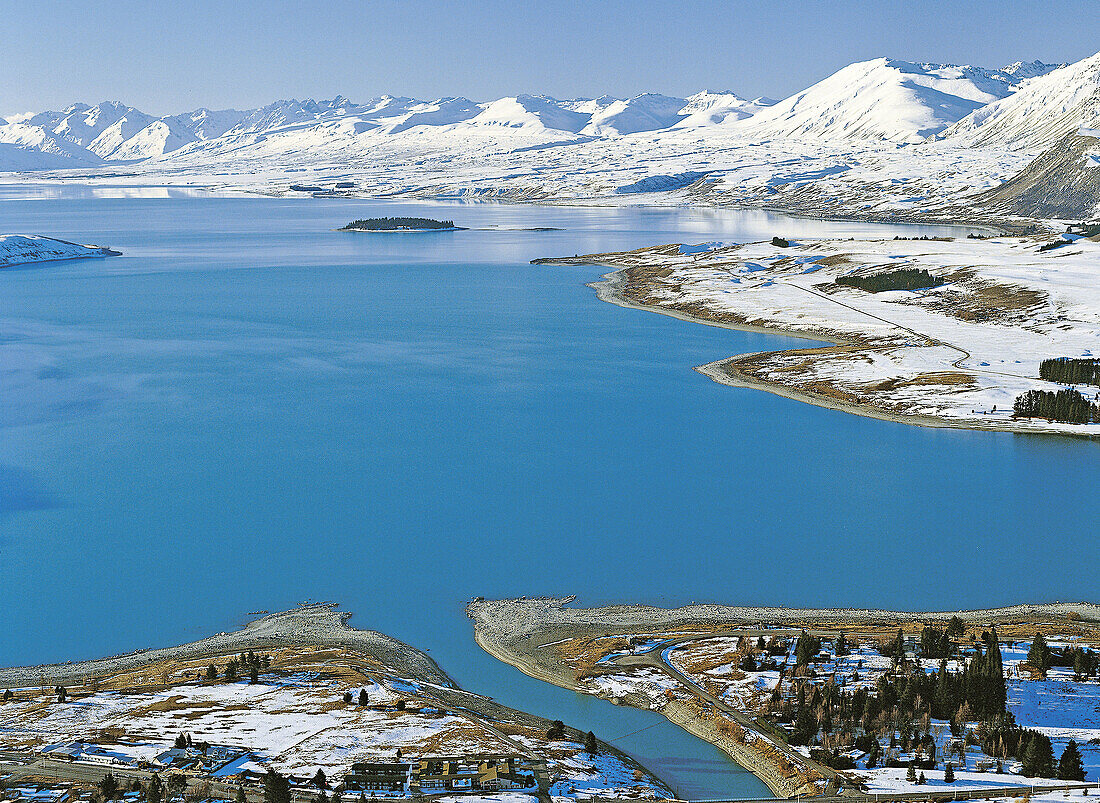 Aerial view of Lake Tekapo in winter Mackenzie Country New Zealand