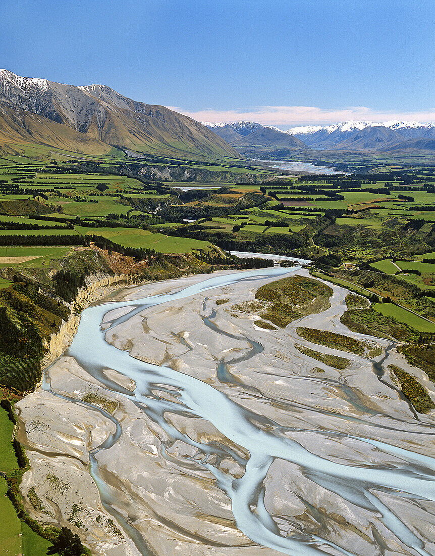 Rakaia River looking upstream with Mount Hutt to left aerial view New Zealand