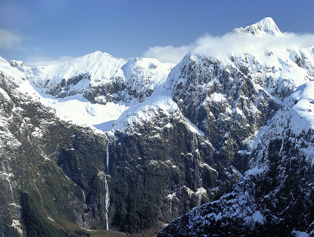 Sutherland Falls highest in New Zealand with Mount McKenzie aerial view Fiordland National Park New Zealand