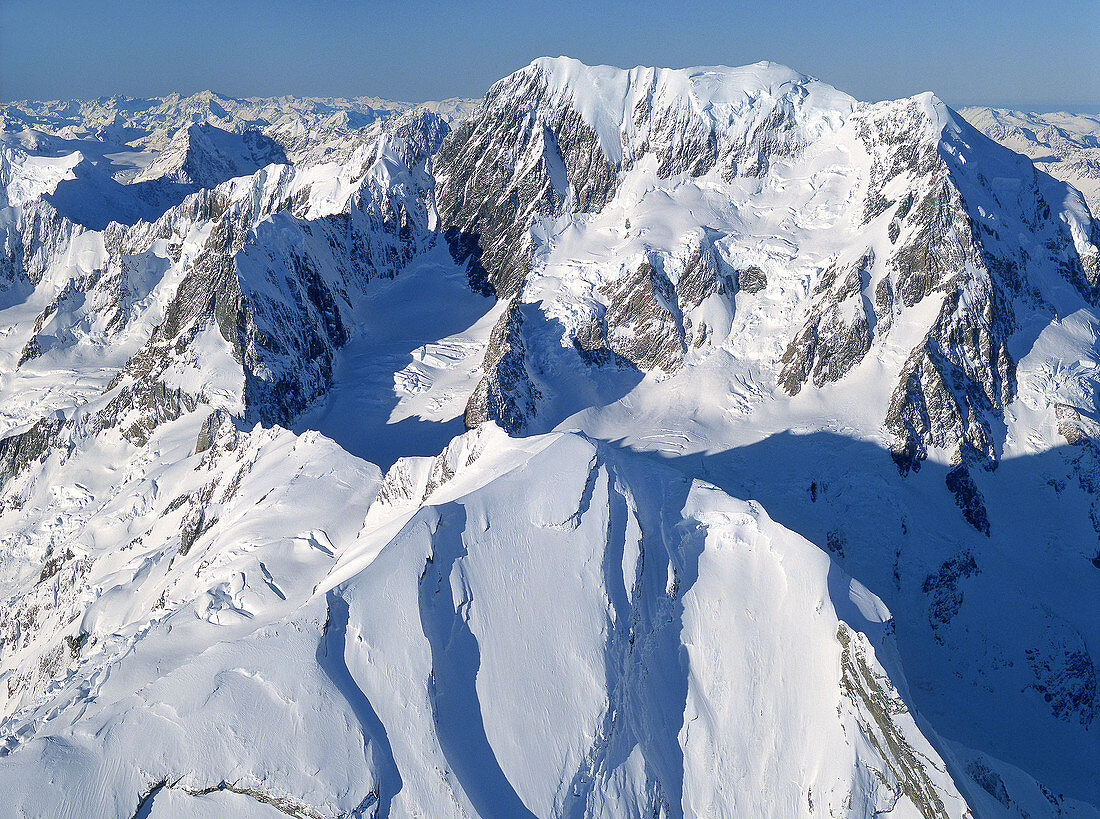 Aoraki / Mt Cook from the west La Perouse in foreground aerial view New Zealand