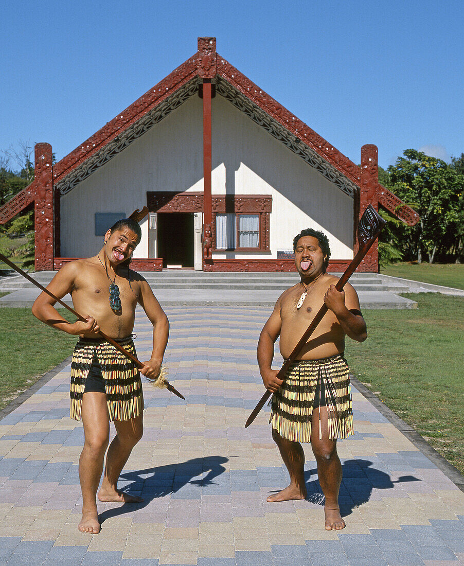 Maori challenge in front of meeting house Whakarewarewa Rotorua New Zealand