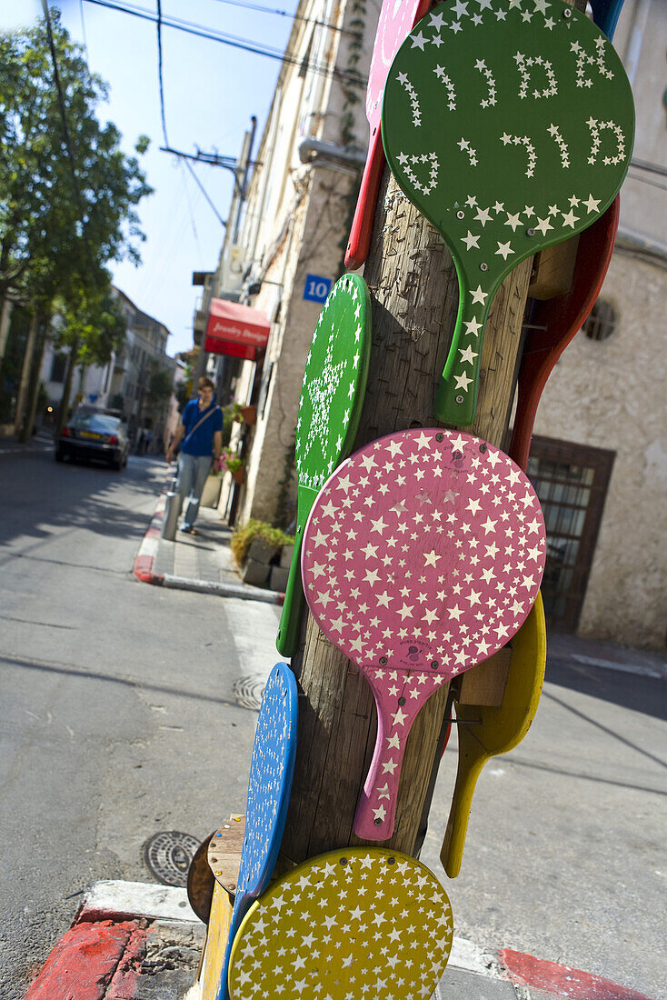 Colourful Madkot paddles, Neve Tzedek quarter, Tel Aviv, Israel, Middle East