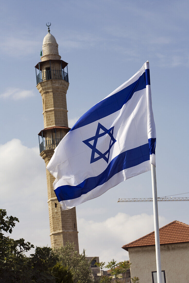 Israelische Flagge und Minarett, Jaffa, Tel Aviv, Israel, Naher Osten