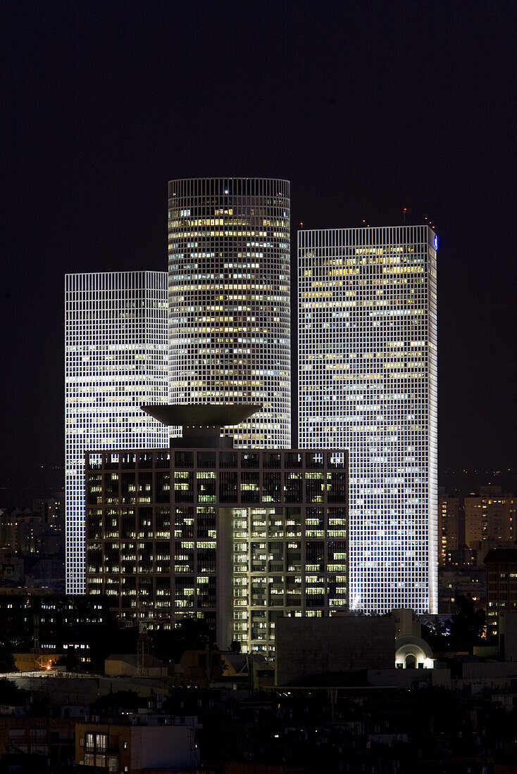 Azrieli Center Towers and Israel Defense Ministry at night, Tel Aviv, Israel, Middle East