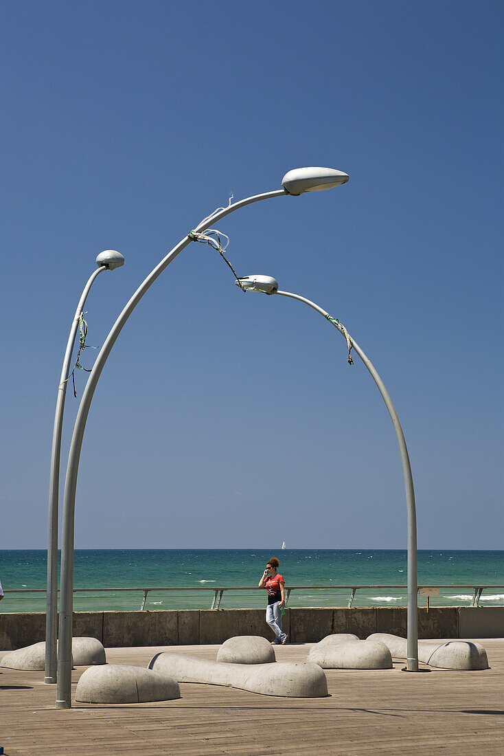 Seaside promenade with street lamps in the sunlight, Namal, Tel Aviv, Israel, Middle East