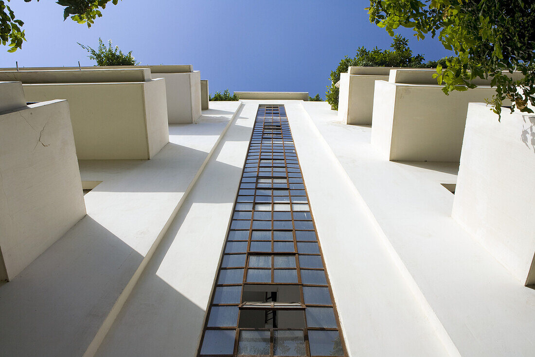 Low angle view at original Bauhaus building, Emile Zola Street, Tel Aviv, Israel, Middle East