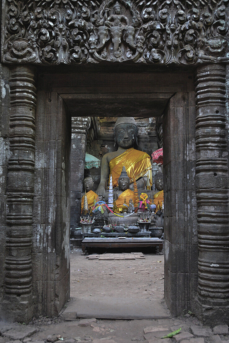 Buddha Statuen im Wat Phu Champasak, alter Khmer Tempel, Fries mit Elefanten, Südlaos, Laos, Asien